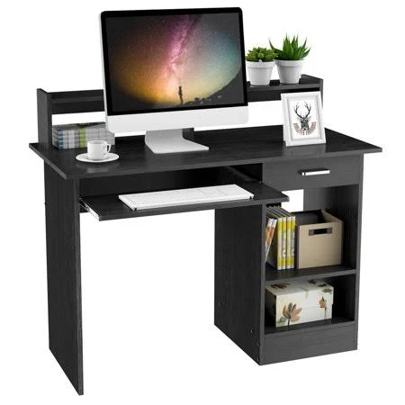 Smilemart Wooden Home Office Computer Desk with Drawers, Storage Shelves, and Keyboard Tray, Black, Size: 41.7 x 19.7 x 37” (LxW