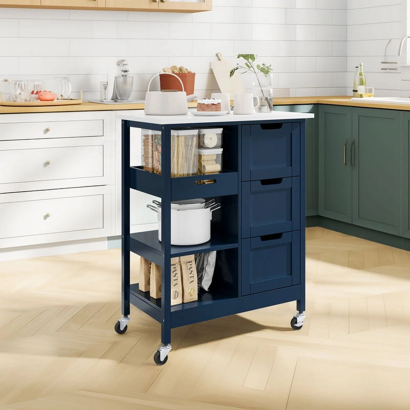 DWVO 3 Tier Kitchen Island Cart with Storage, Rolling Kitchen Cart with Large Countertop, Opening Shelves and Drawers for Kitchen Dining Room, Blue