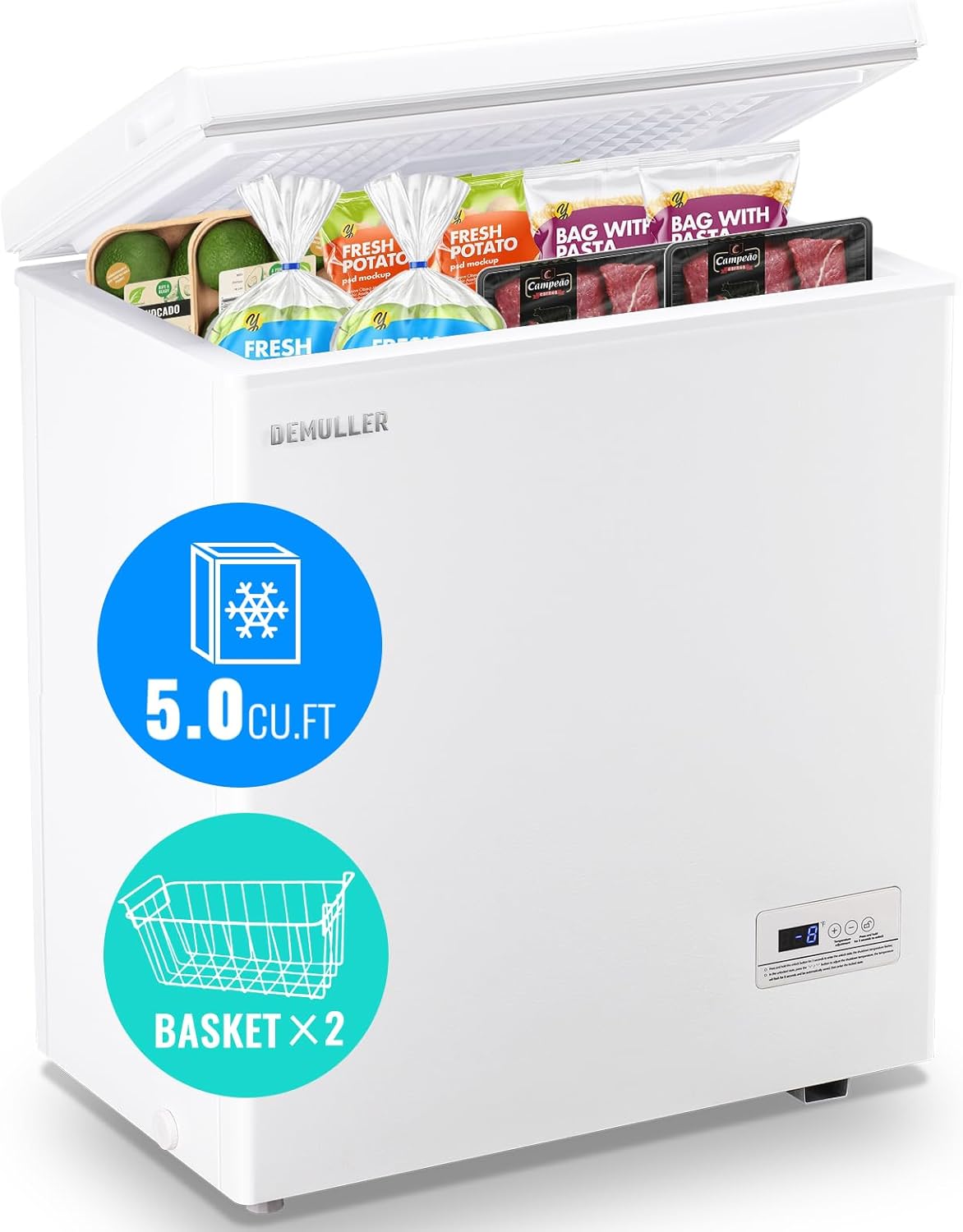 Chest Freezer 5.0 CU.FT Ultra-low Temperature Deep Freezers (Down to -12-50℉) with TWO Removable Baskets Freestanding White Small Mini Compact Fridge Freezer for Home/Kitchen/Office