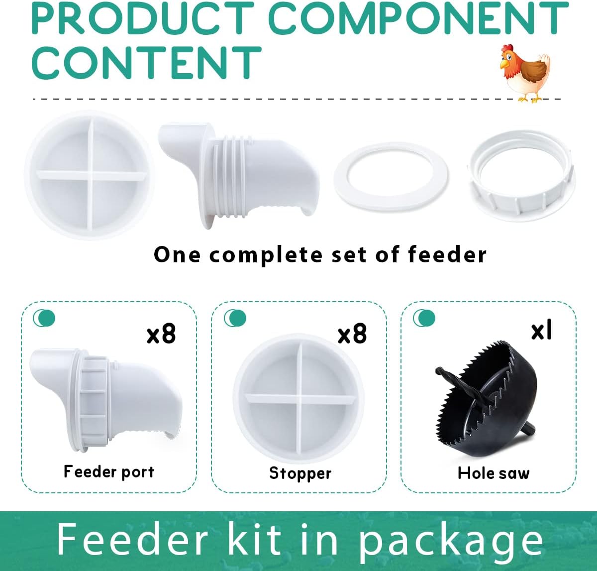 No Waste Chicken Feeder, Poultry Feeder DIY Port Gravity Automatic Fed Kit with Rat Stopper Caps, Rain Proof, Weather Resistant, for Buckets, Barrels, Bins, Troughs（8 Ports,1 Hole Saw）