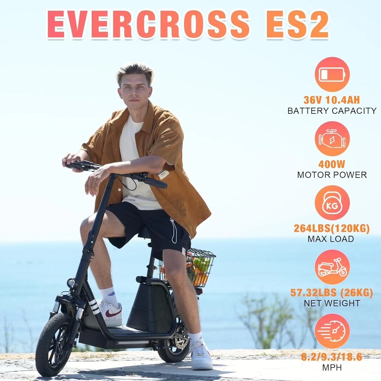 EVERCROSS Electric Scooter with Seat for Adult, 400W Motor up to 22 Miles Range & 18.6Mph, 12" Pneumatic Tire Foldable Scooter with Seat & Carry Basket