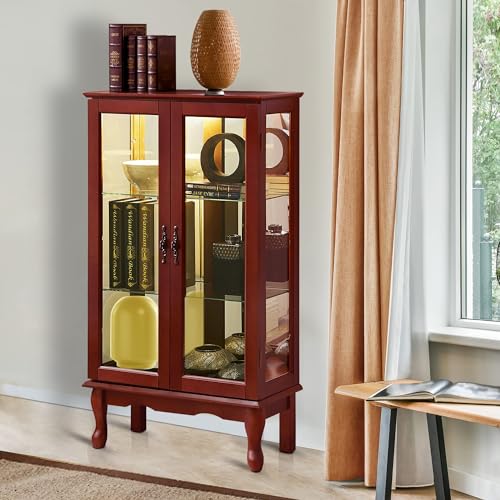 Living Room Display Country Tuscan Wall Curio Display and Storage Cabinet,Cabinet with Adjustable Shelves and Mirrored Back Panel, Tempered Glass Doors(3Tier)(E26 Light Bulb not Included) (Walnut)