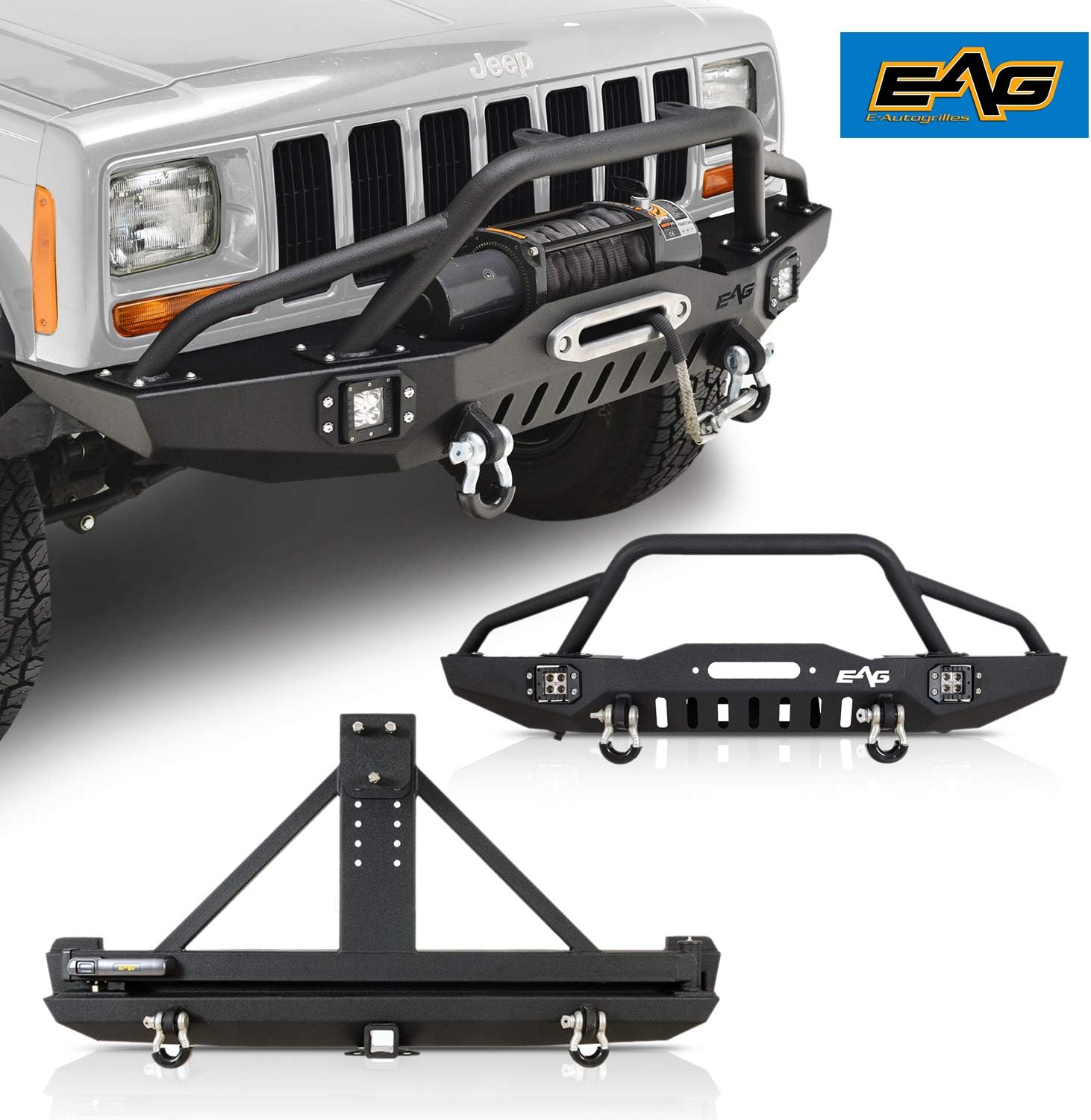 EAG Steel LED Front and Rear Bumper with Tire Carrier Fit for 84-01 Cherokee XJ