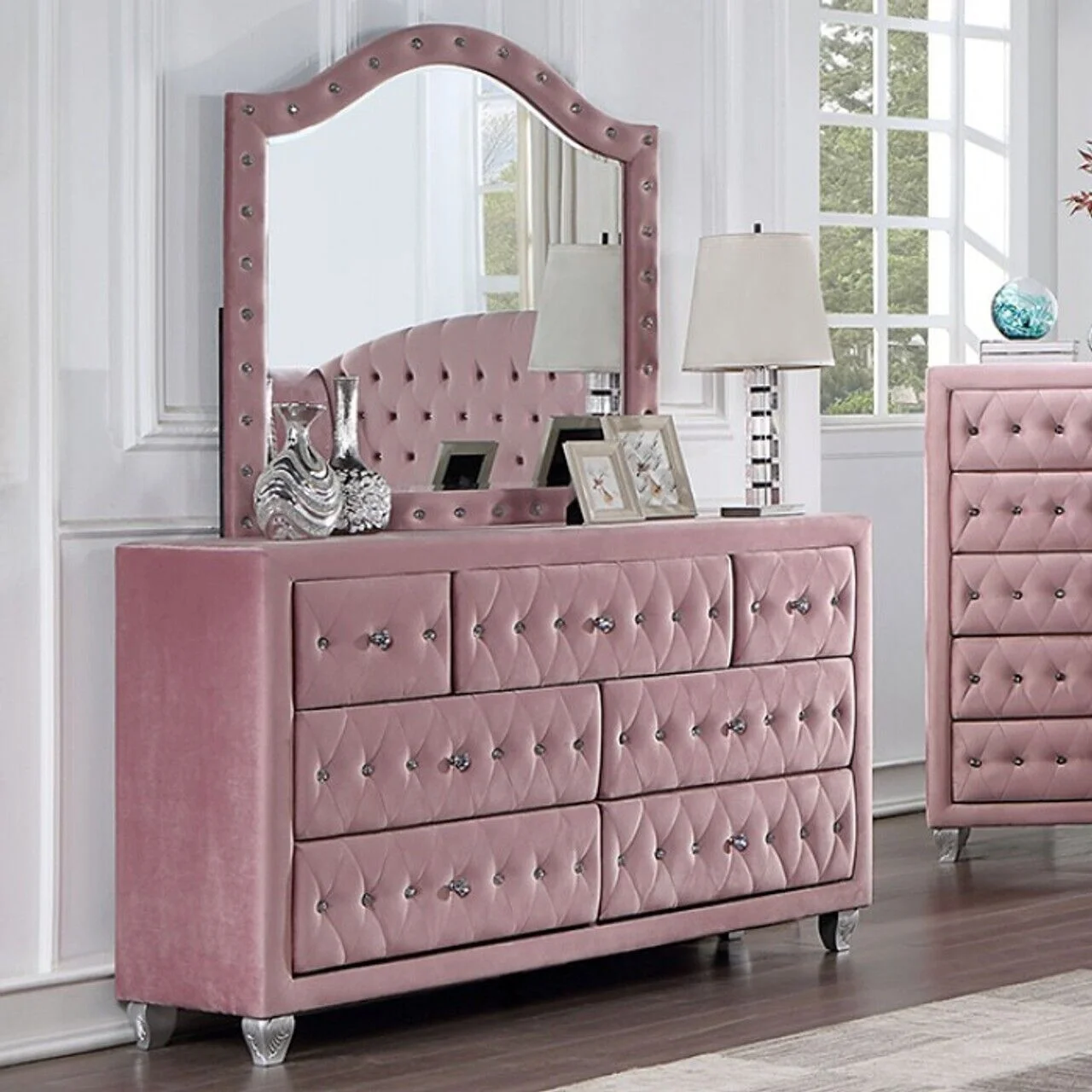 Glam Pink Upholstered Tufted Velvet Like Fabric 4pc Twin Size Bed Set Dresser Mirror Nightstand Bedroom Furniture