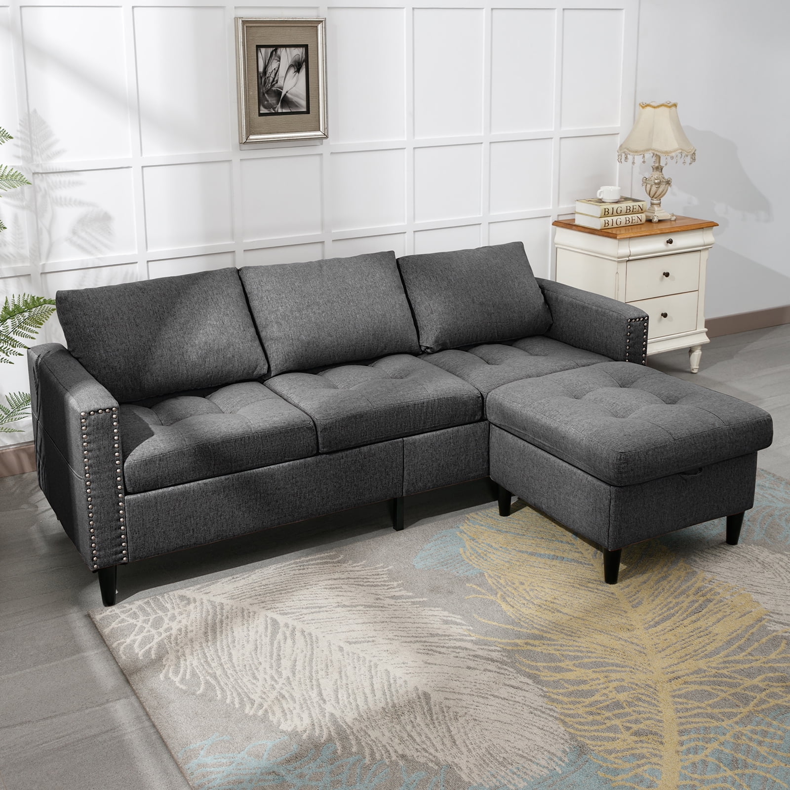 ZAFLY Reversible Sectional Couch, Set 3 Seat L Shaped Modular Sleeper Sofa Bed with Flexible Storage Ottoman Chaise, Modern Sofa Couches for Living Room/Apartment/Office - Dark Grey