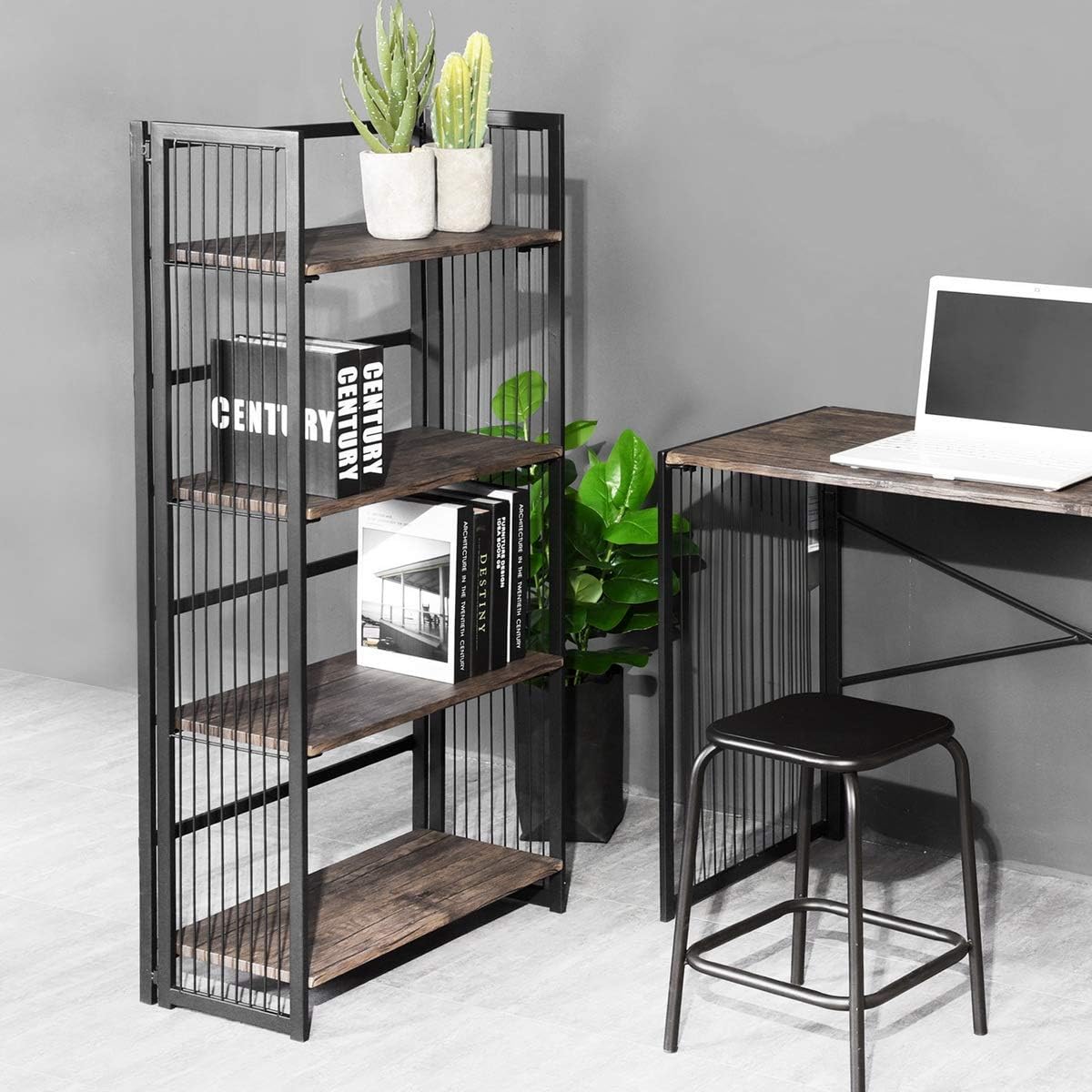 FurnitureR Classics 4-Tier Foldable Bookshelf Vintage Bookcase Modern Wood Look for Home Office