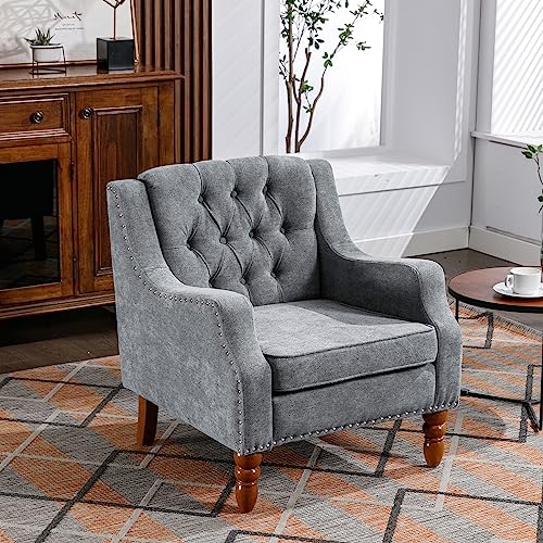 Accent Chair, Living Room Chair, Footrest Chair Set with Vintage Brass Studs, Button Tufted Upholstered Armchair for Living Room, Comfy Reading Chair for Bedroom, Reception Room