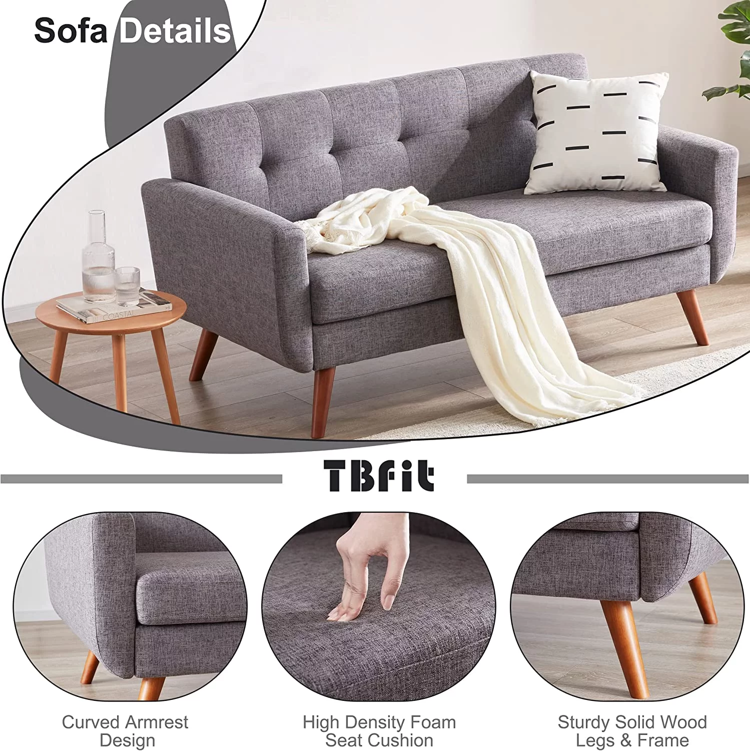 65" W Loveseat Sofa, Mid Century Modern Decor Love Seat Couches for Living Room, Button Tufted Upholstered Small Couch for Bedroom, Solid and Easy to Install
