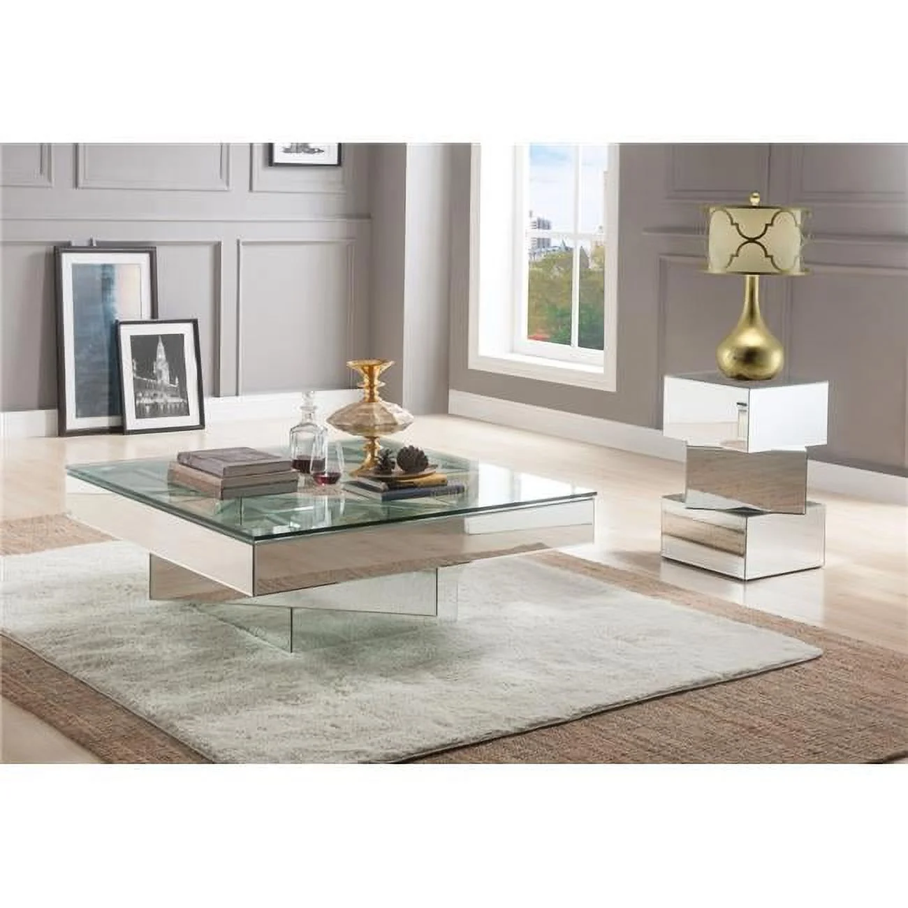 ACME Meria 40" Square Glass Top Mirrored Coffee Table