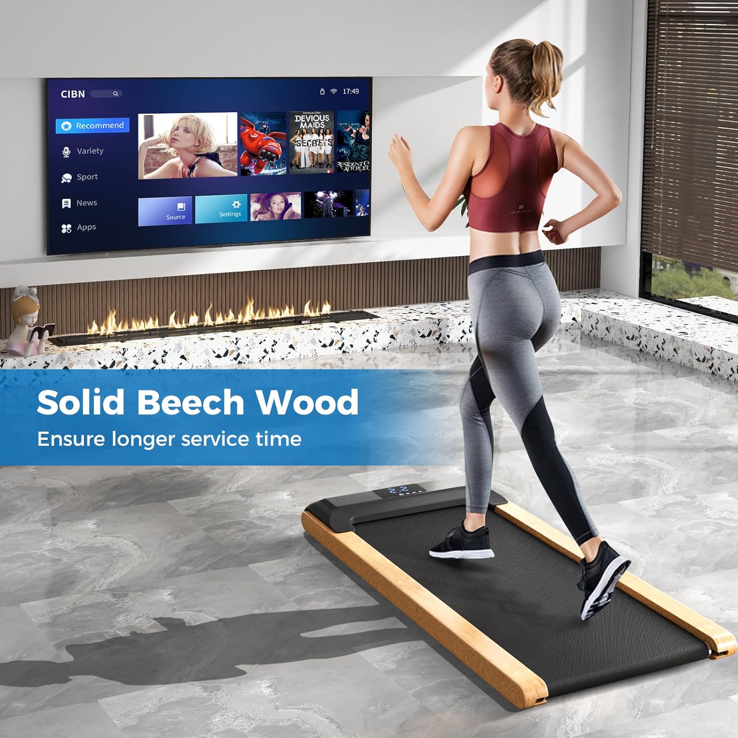 Goplus Walking Pad, Wooden Under Desk Treadmill for Home Office, Portable Walking Pad Treadmill with Remote Control, APP Control and LED Display, Installation-Free Walking Jogging Machine