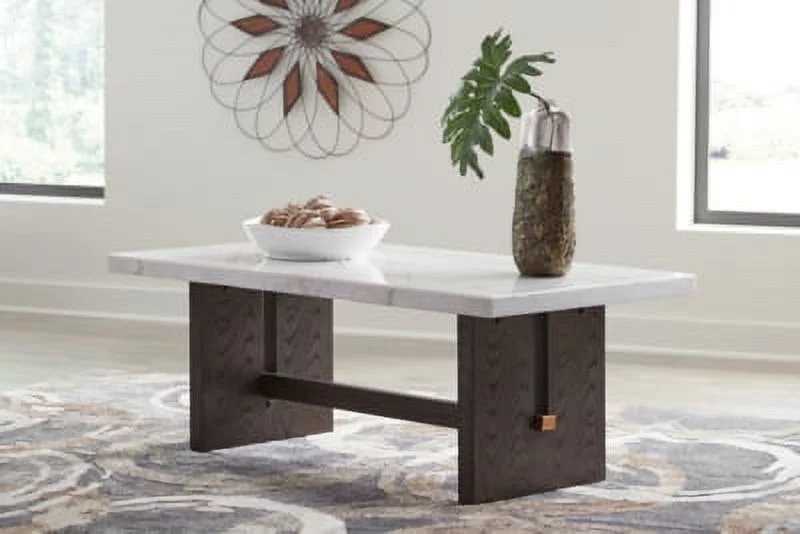 Signature Design by Ashley Burkhaus Traditional Rectangular Coffee Table with Marble Tabletop, Dark Brown & White