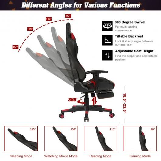 Costway Massage Racing Gaming Chair Chair with RGB LED Lights-Red