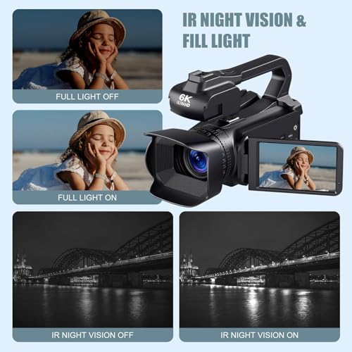 6K Camcorder Video Camera 64MP IR Night Vision Vlogging Camera for YouTube 18X Digital Zoom 4.0 Inch Touch Screen Video Camera with WiFi, Microphone, Remote Control, 64GB SD Card,Stabilizer