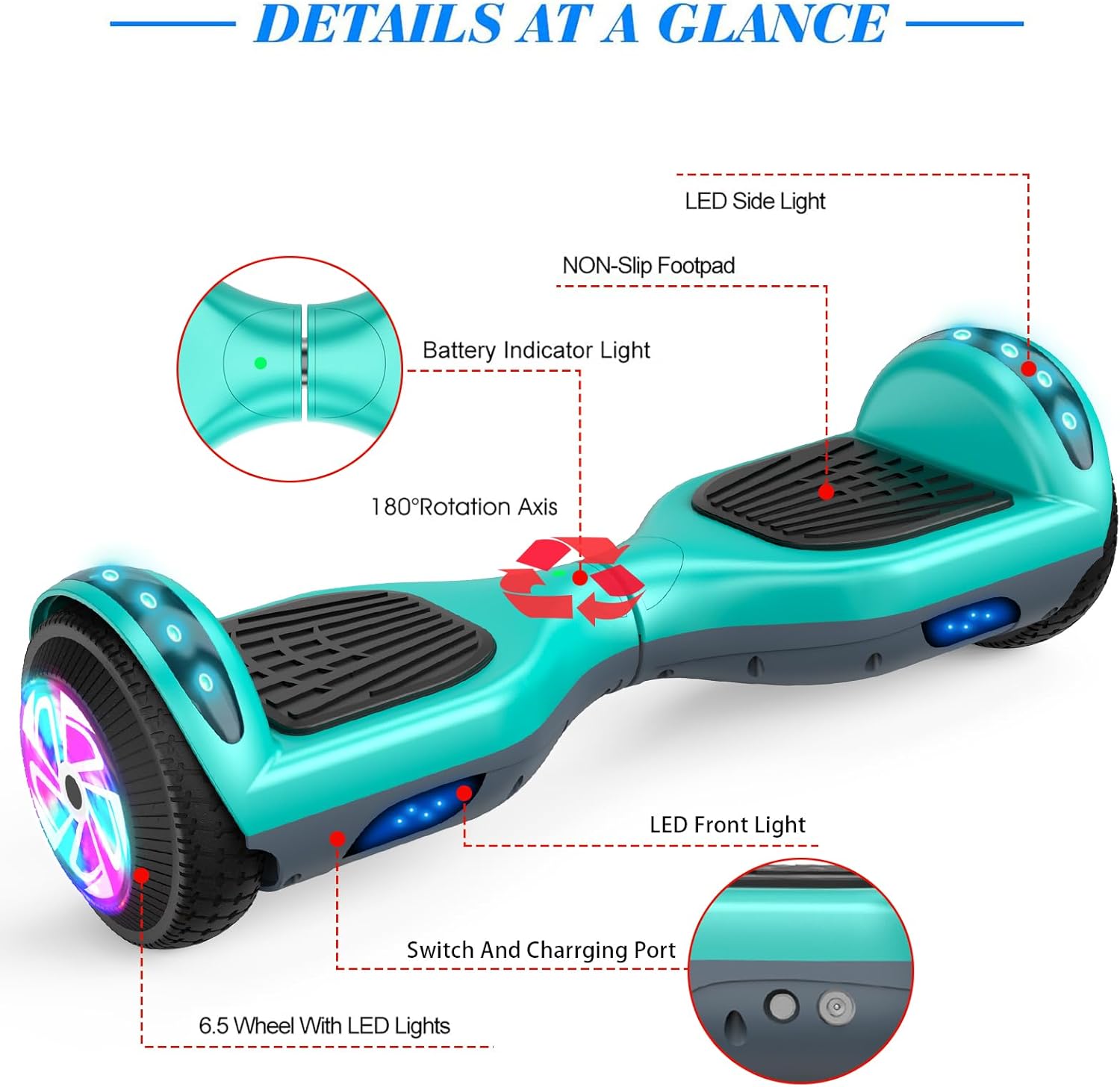 Hoverboard, 6.5 Inch Self Balancing Hoverboards with Bluetooth and LED Lights, Hover Board for Kids Teenagers