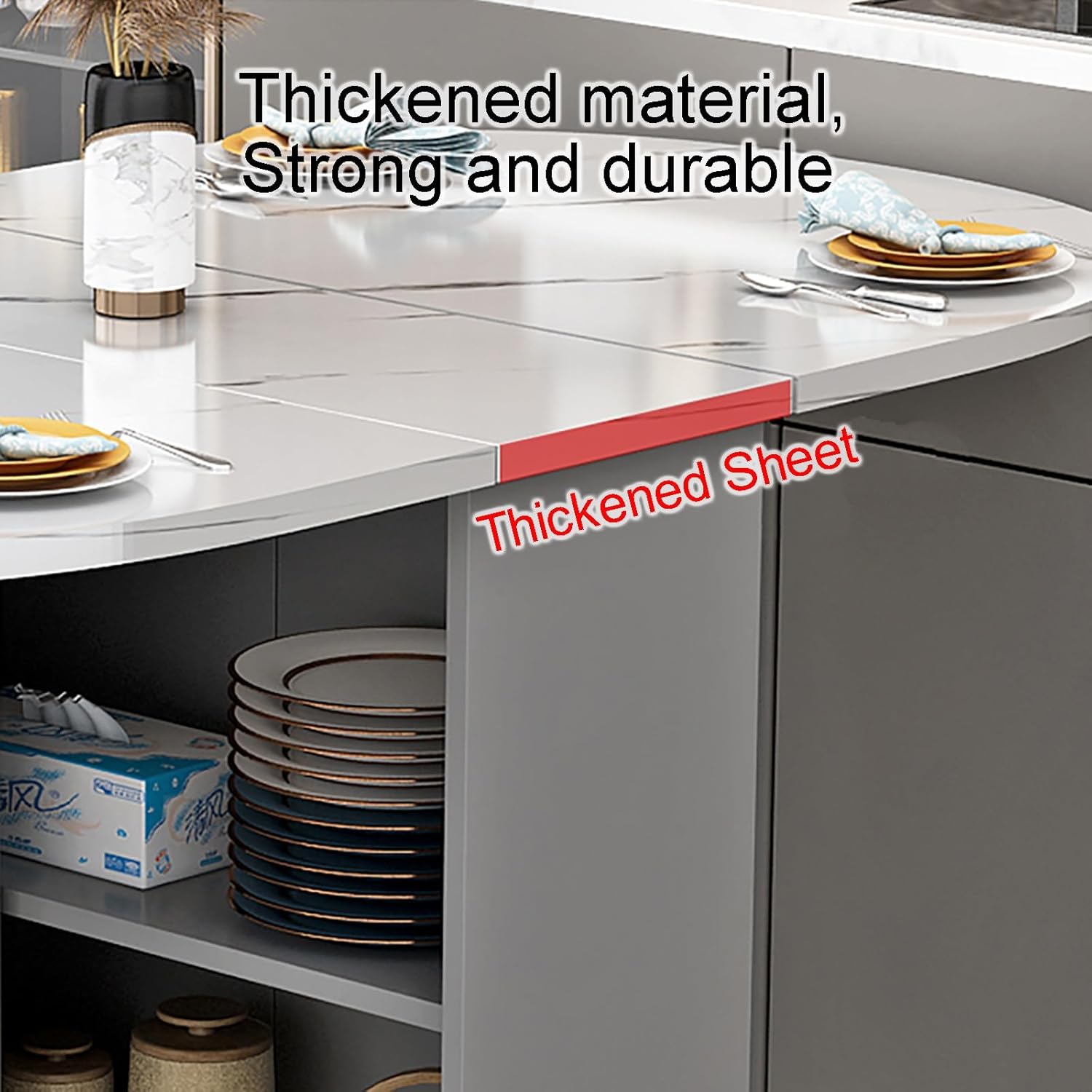 Extendable Drop Leaf Folding Dining Table, Modern Folding Table Drop Leaf Dining Table with 8 Wheels and 2-Layer Storage Shelf, Multifunction Expandable Table for Kitchen, Bedroom, Living Room