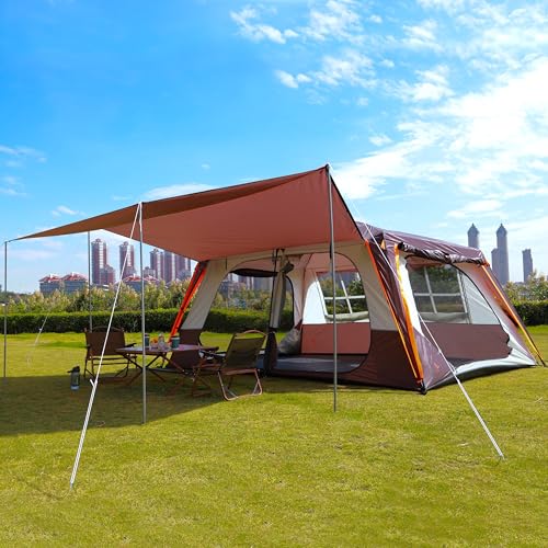 KTT Extra Large Tent 10-12-14 Person(Style-B),Family Cabin Tents,2 Rooms,3 Doors and 3 Windows with Mesh,Straight Wall,Waterproof,Double Layer,Big Tent for Outdoor,Picnic,Camping,Family Gathering