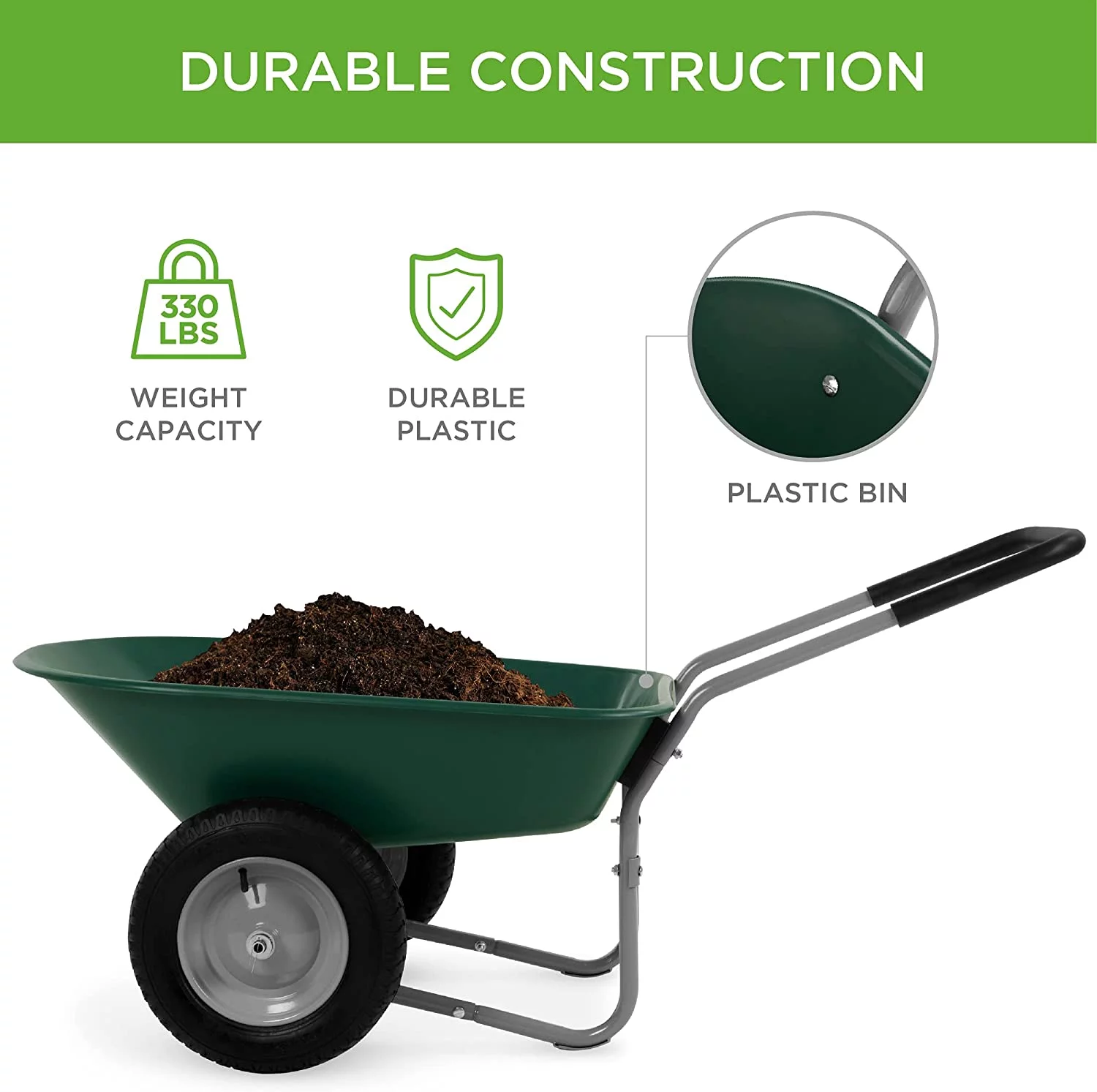 Dual-Wheel Home Utility Yard Wheelbarrow Garden Cart w/ Built-in Stand for Lawn, Gardening, Grass, Soil, Bricks, and Construction, Green