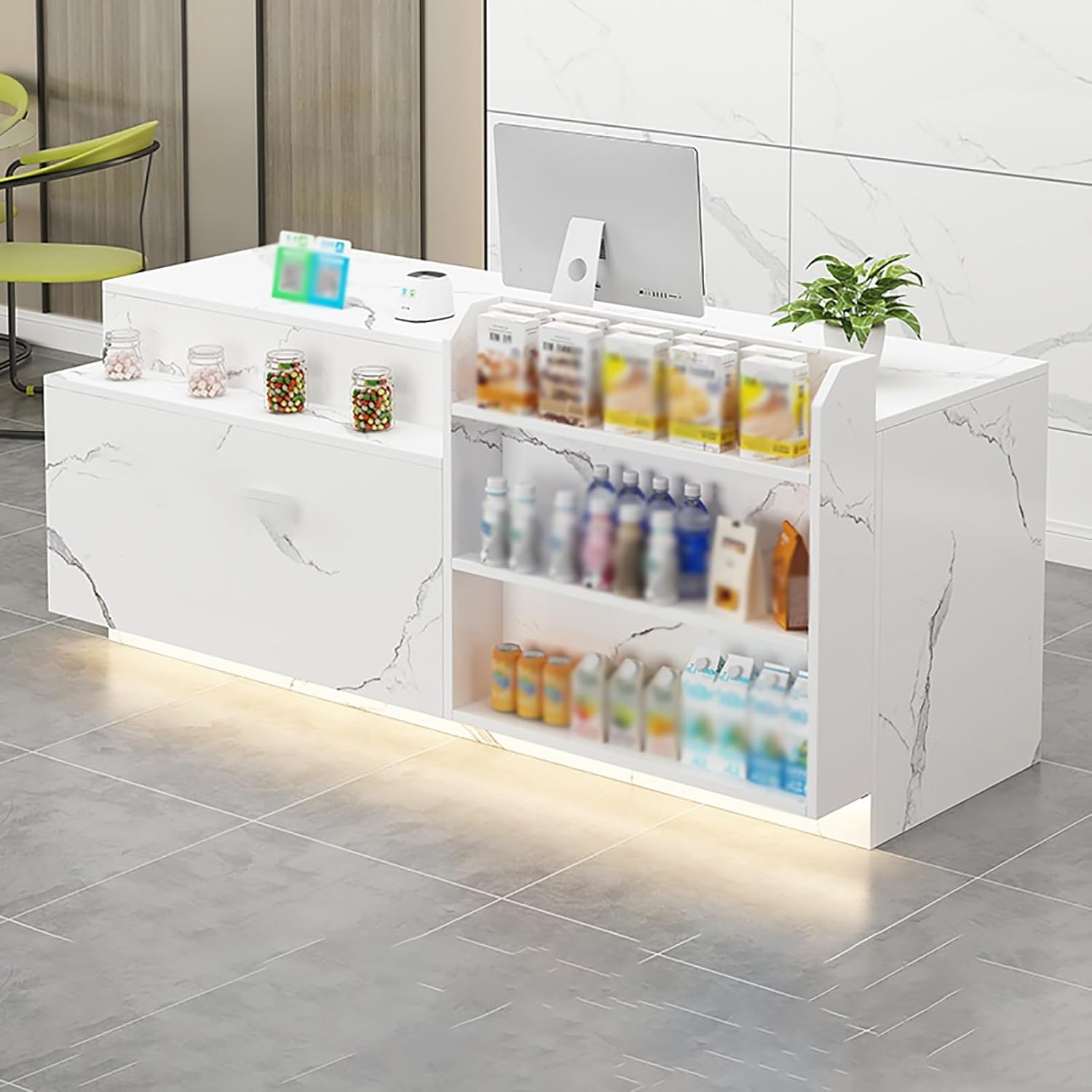 Reception desk for sale with open shelves, Modern Retail Checkout Counter with lockable drawers, Small Reception Desk for Small Spaces, Wooden Computer Desk Reception Table with led lights(H-1,120x55x