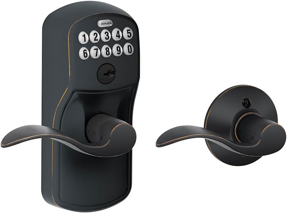 SCHLAGE FE595 CAM 619 GEO Camelot Keypad Entry with Flex-Lock and Georgian Style Knobs, Satin Nickel