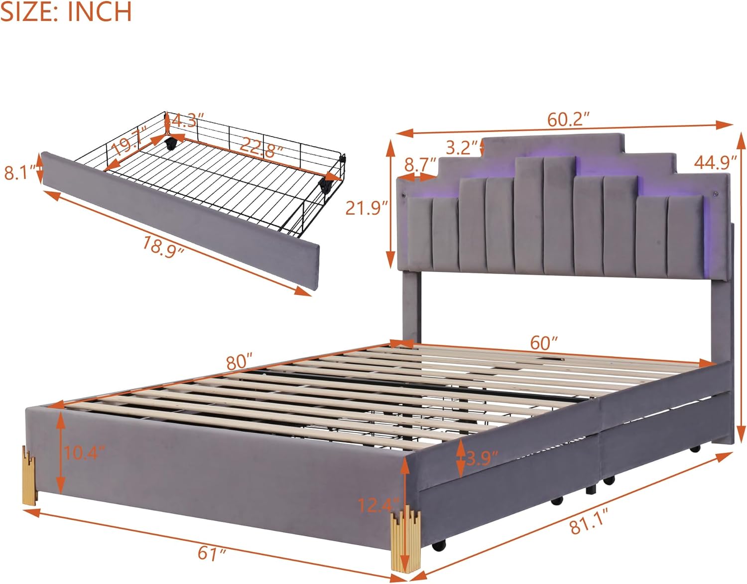 Queen Size Upholstered Platform Velvet Bed with LED Lights and 4 Drawers, Stylish Irregular Metal Bed Legs Design, Easy to Assembly, for Bedroom, Guest Room, Apartment, Gray