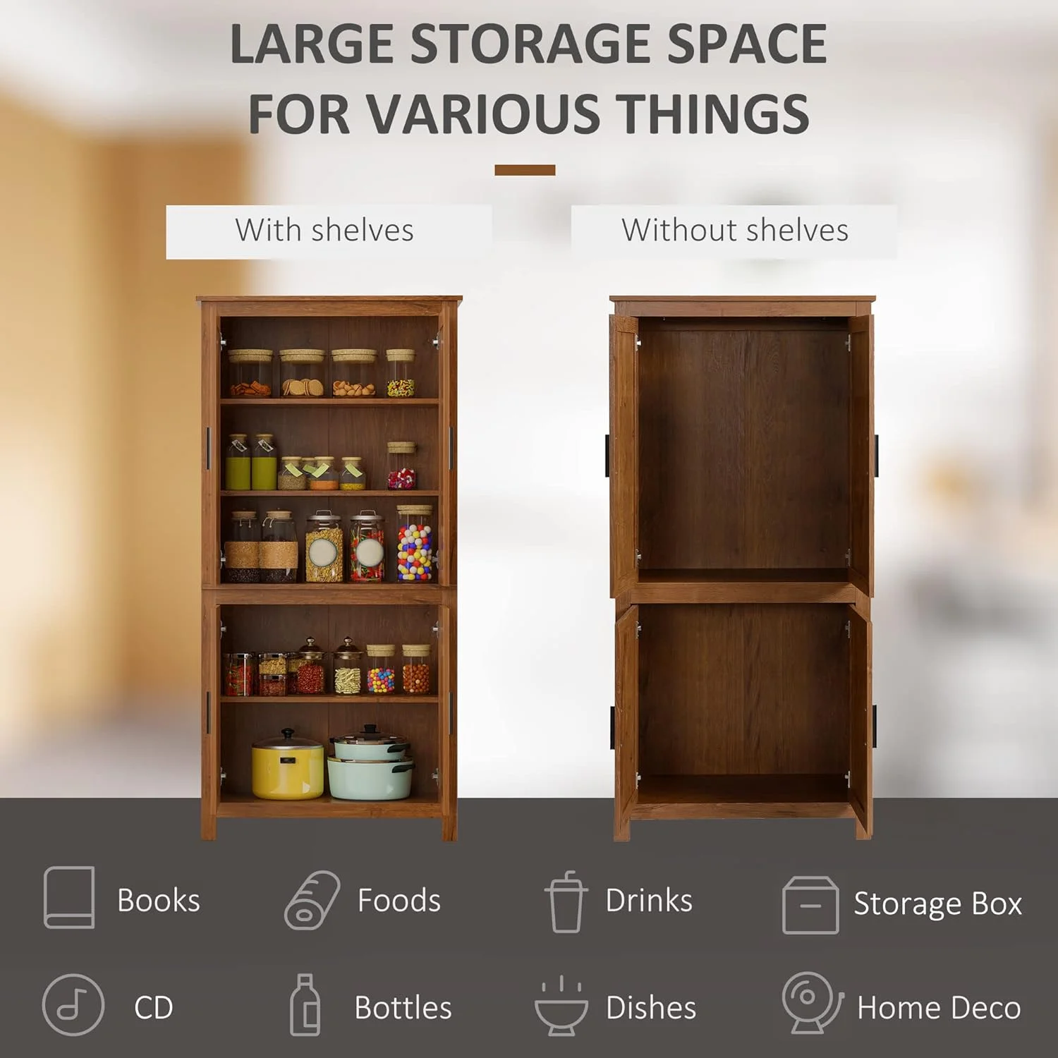 64" 4-Door Kitchen Pantry, Freestanding Storage Cabinet with 3 Adjustable Shelves for Kitchen, Dining or Living Room, Oak