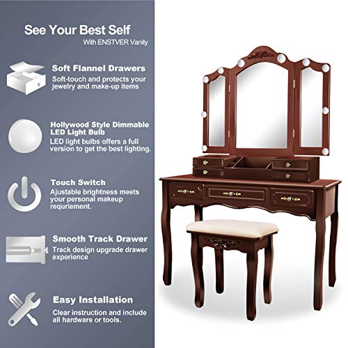 ENSTVER Vanity Beauty Station,Tri-Folding Mirrors,6 Organization 7 Drawers Makeup Dress Table with Cushioned Stool-Espresso