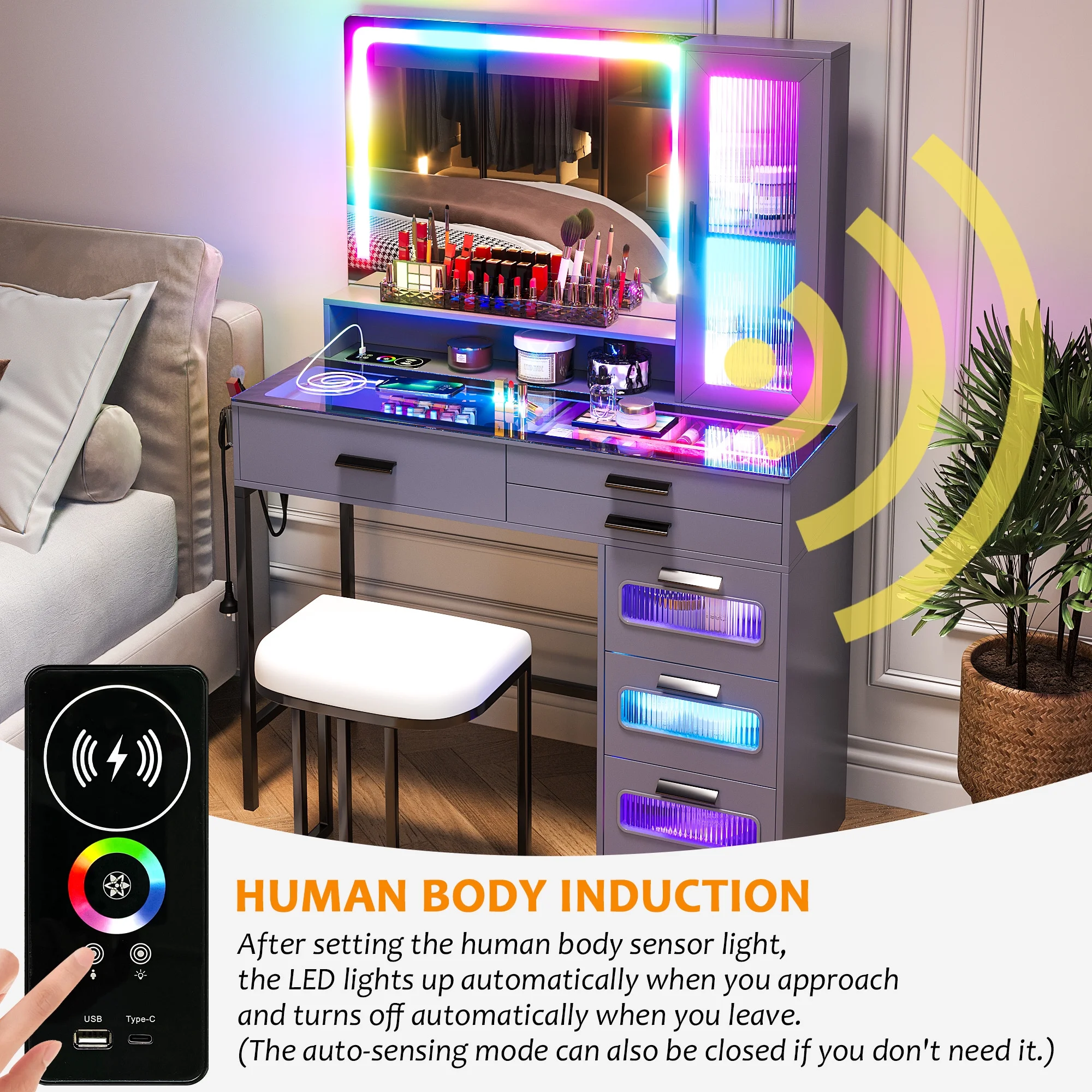 HNEBC Vanity Desk with Mirror and RGB Lights, Glass Top Makeup Vanity with Auto Sensor Lights and Wireless Charging, Vanity Table Set with Cushion Stool, Dressing Table with 6 Drawers (Grey)