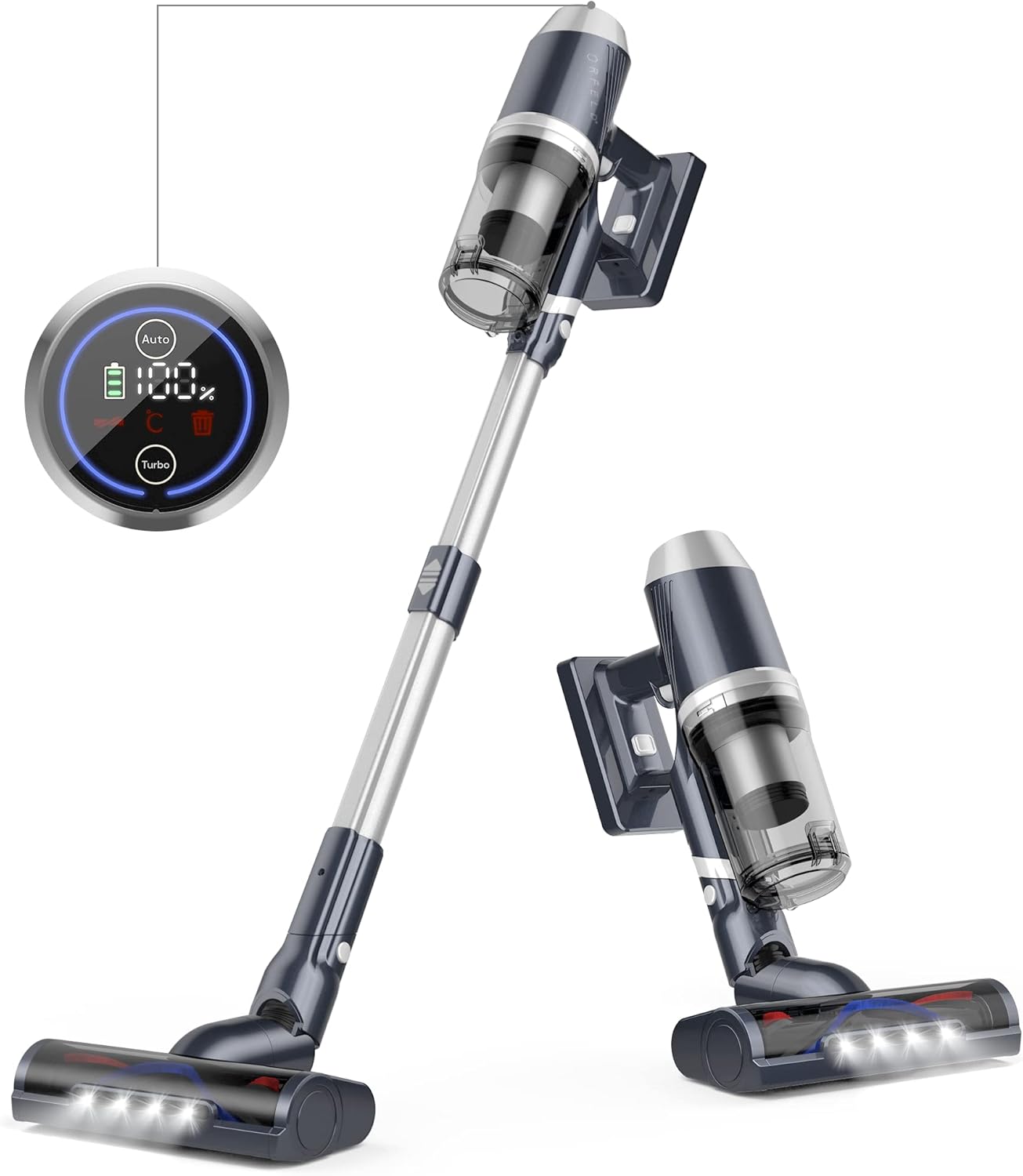 Orfeld Cordless Vacuum Cleaner,28000pa Cordless Vacuum,Smart LED Touch Screen Powerful Suction Stick Vacuum,Up to 60mins Runtime 6 in 1 Lightweight Handheld Vacuum for Hardwood Floor Carpet Pet Hair