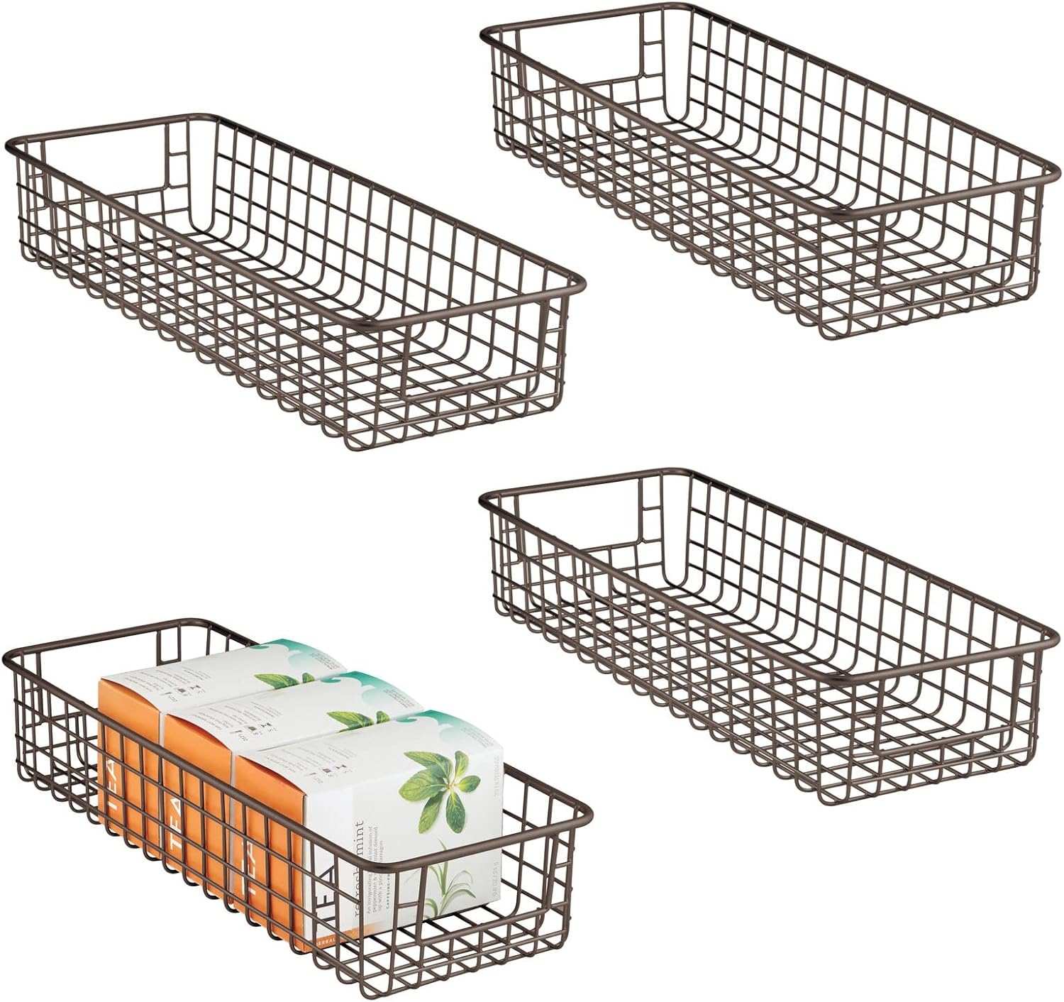 mDesign Household Metal Wire Cabinet Organizer Storage Organizer Bins Baskets trays - for Kitchen Pantry Pantry Fridge, Closets, Garage Laundry Bathroom - 16 x 9 x 3 - 4 Pack - Satin