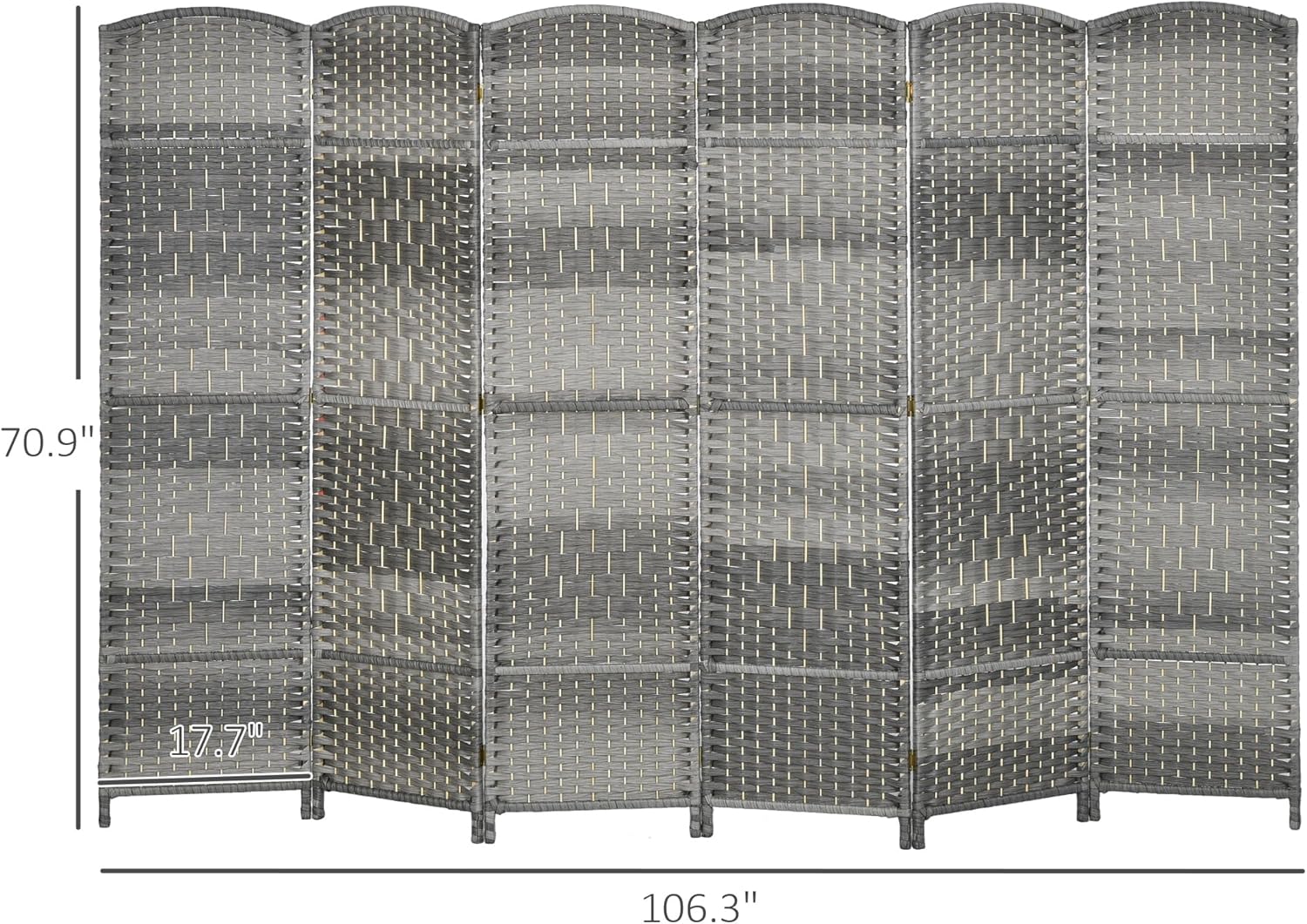 6 Panel Room Divider, 6' Tall Folding Privacy Screen, Hand-Woven Freestanding Wall Partition for Home Office, Bedroom, Mixed Gray