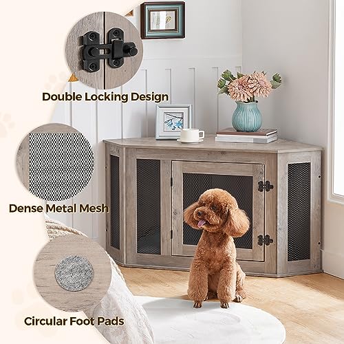 Corner Dog Crate Furniture, Wooden Dog Kennel End Table, Decorative Pet Crate Indoor Use, Furniture Style Dog House for Small Medium Dog, Dog Cage TV Stand, Greige and Black DCHG0801