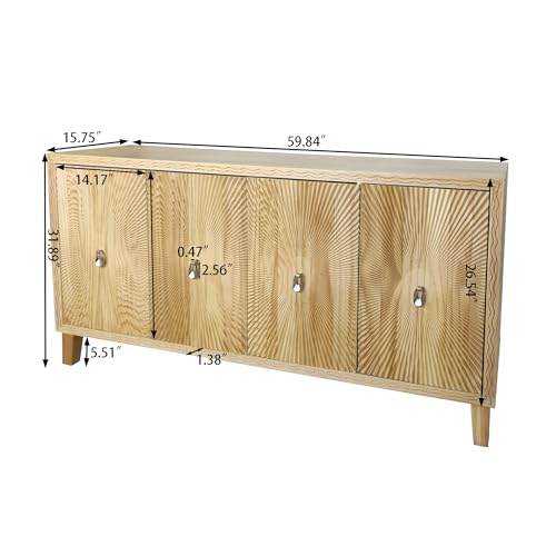 Wood Sideboard Buffet Cabinet Farmhouse Double Door Sideboard Buffet Cabinet 60 Inch Wood Kitchen Storage Cabinet for Living Room Kitchen Entryway Natural