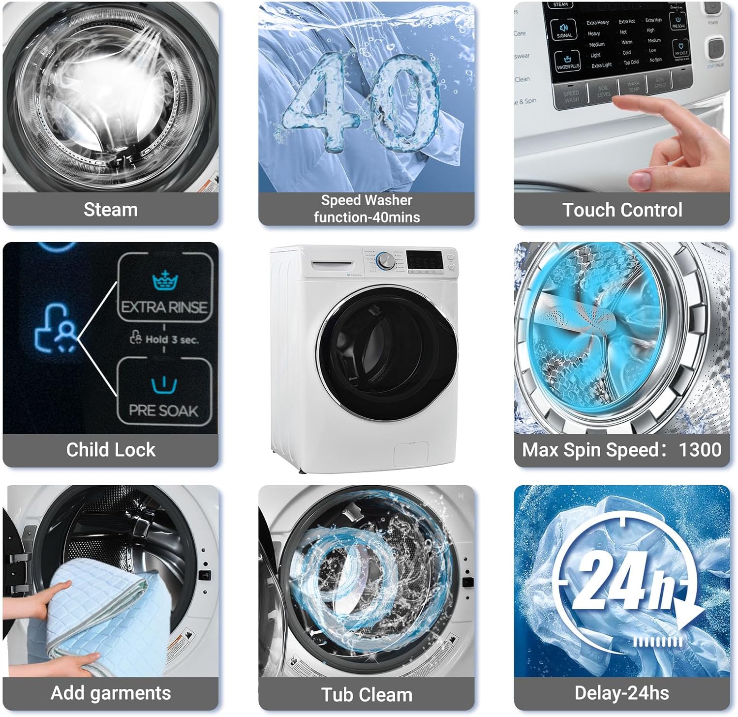 Front Load Washing Machine 4.5 Cu. Ft Washer Machine 27IN Large Capacity 12 Washing Cycles Super Speed Clothes Washing lavadora for Apartment RV, Steam Refresh