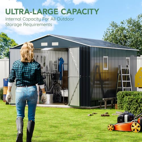10X12X7.5 FT Outdoor Steel Storage Shed with Lockable Doors, 2 Windows, Transparent Roof Panels (Wood Panels & Frame Floor Not Included), Ideal for Patio Storage,Garbage Can, Chicken Coop，Brown