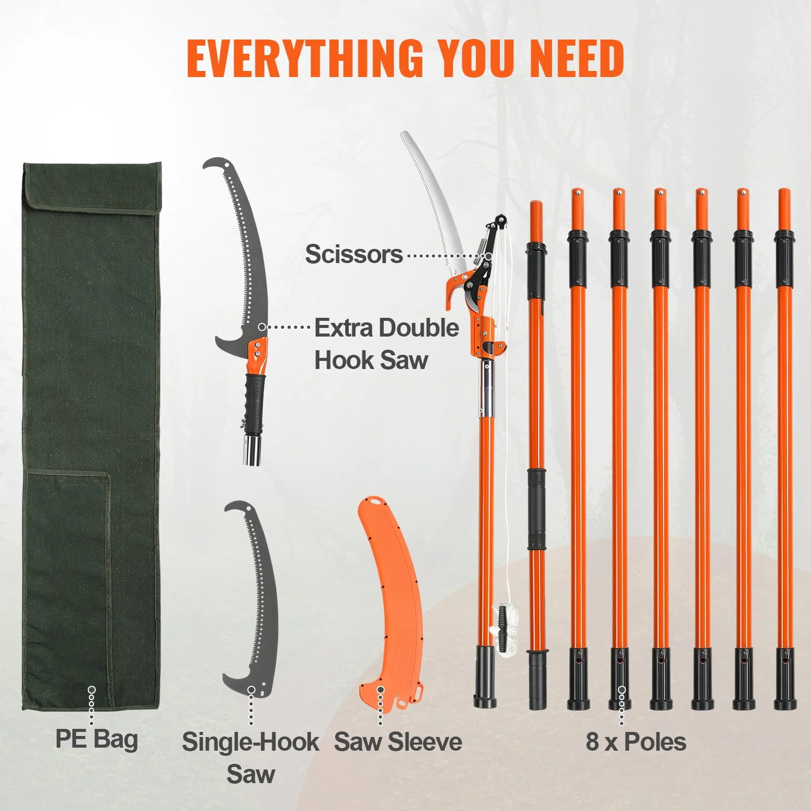 BENTISM Manual Pole Saw Extendable Tree Pruner 7.3-27ft Fiberglass Pole Hook Knife