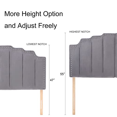 Kingfun Mid Century Headboard for King Size Bed, Velvet Upholstered Tufted Bed Headboard with Nailhead Decor, Adjustable Curved Solid Wood Head Board with Vertical Channel Design in Grey