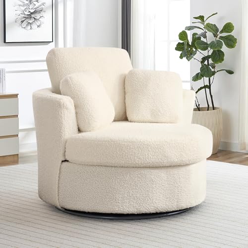 Chair and A Half with Ottoman, 360° Swivel Accent Barrel Chair Modern Comfy Round Reading Sofa Swivel Chairs Circle Lounge Chair for Bedroom Living Room w/4 Pillow Lower Seating Heigh (White, Large)