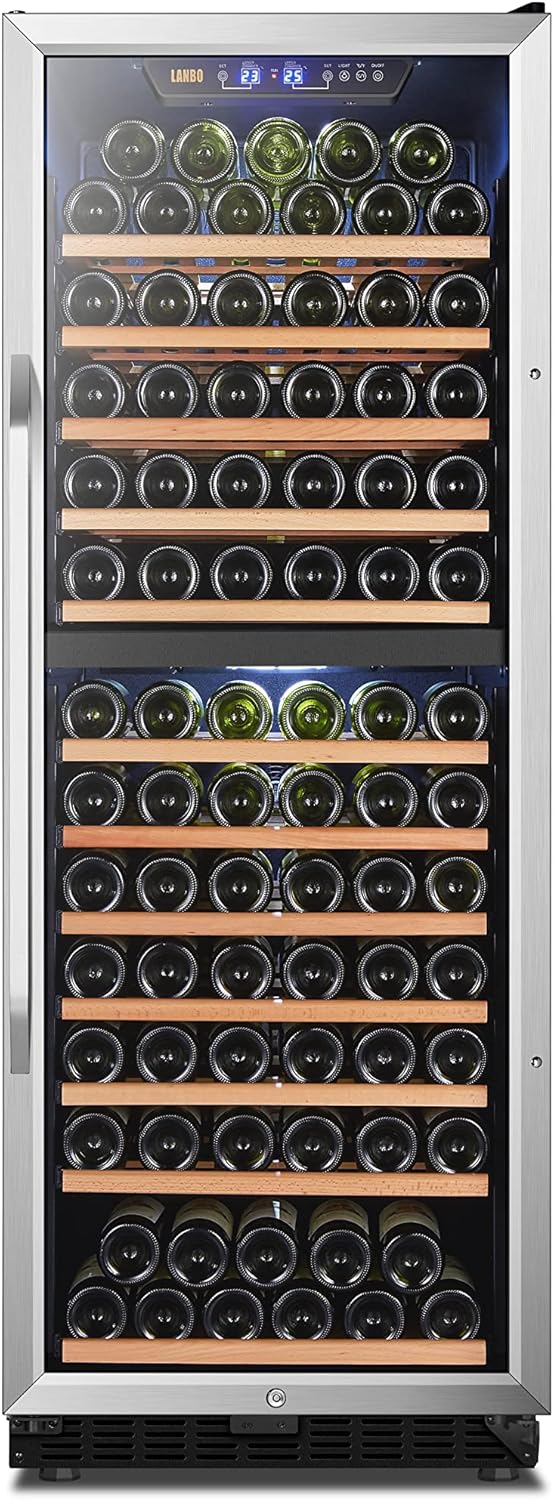 Lanbo Wine Cooler Refrigerator, 24 Inch 141 Bottle Dual Zone Wine Cellar with Safety Lock and Wood Shelves