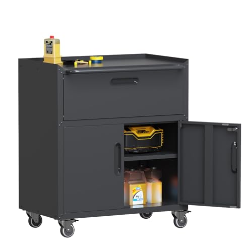 Garage Storage Cabinet Wall Cabinet with 2 Doors,Lockable Tool Cabinets Wall Mounted with Adjustale Shelves,Heavy Duty Steel Hanging Cabinets for Warehouse Kitchen Laundry,Assembly Required