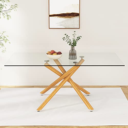 71 Inch Glass Dining Table for 6-8 with Golden Chrome Metal Legs, Tempered Glass Top Dining Table, Rectangular Modern Dining Table for Kitchen, Dining Room, Living Room (Golden + Glass)
