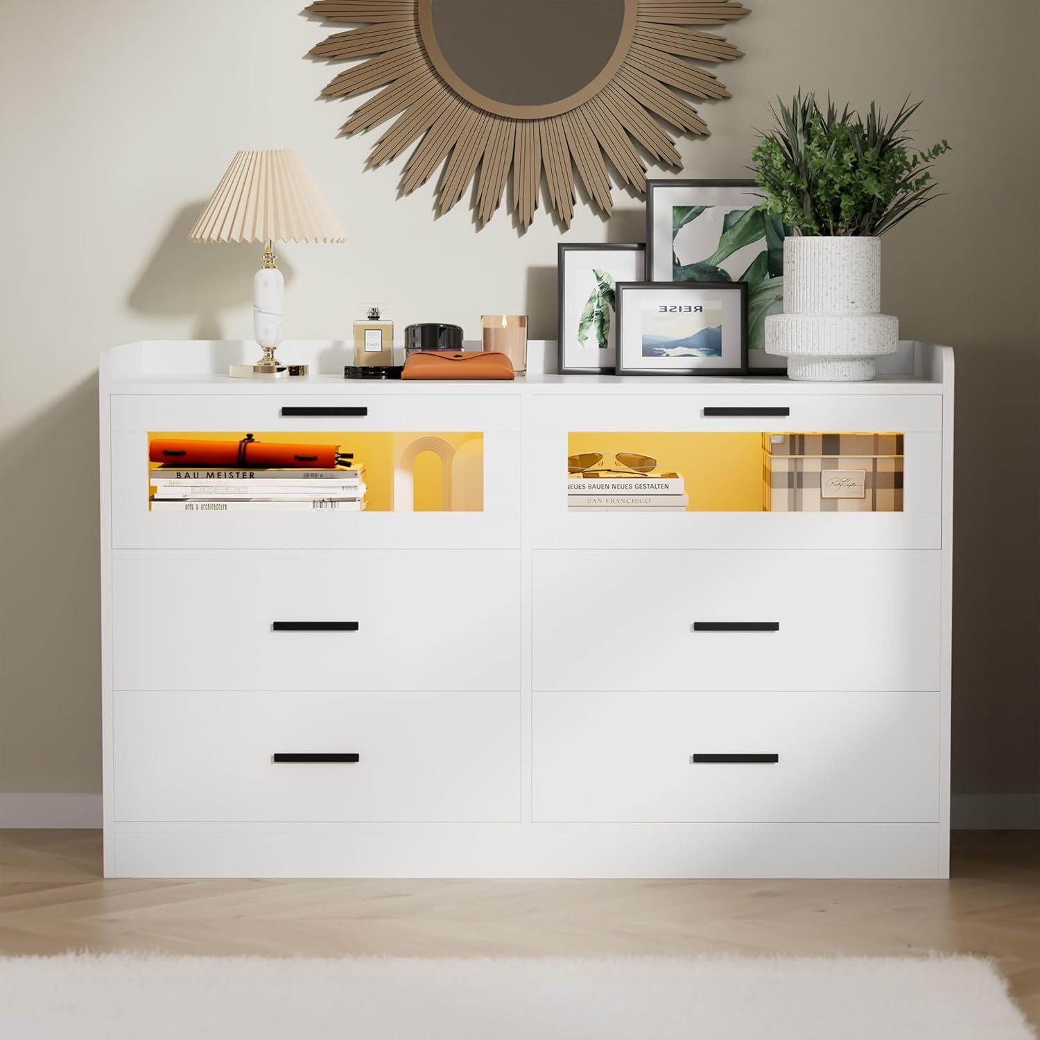 Cozy Castle 6 Drawer Double Dressers LED Modern Chest of Drawers Large Organizer Wood Accent Storage Cabinets for Living Room Home Office Entryway, White