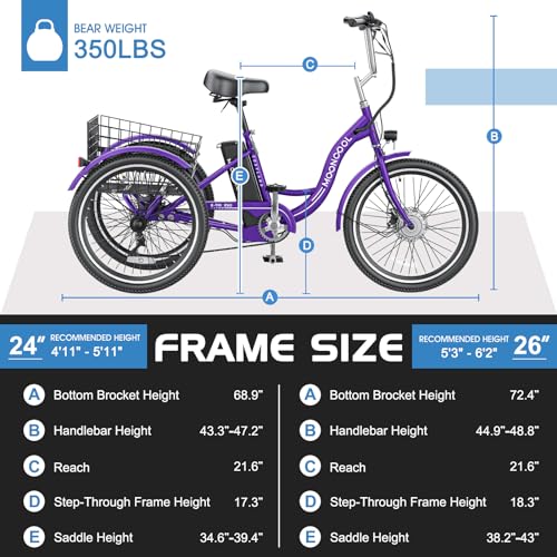 MOONCOOL Electric Tricycle Trike for Adults 350W 36V Removable Battery 24/26 Inches 7 Speeds 3 Wheels Electric Bikes Bicycle for Adults, Three Wheel Electric Cruiser Tricycle