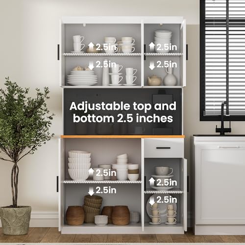 Black Kitchen Pantry Cabinet, 71" Tall Kitchen Storage Cabinet with Power Outlet, Freestanding Kitchen Hutch with countertop