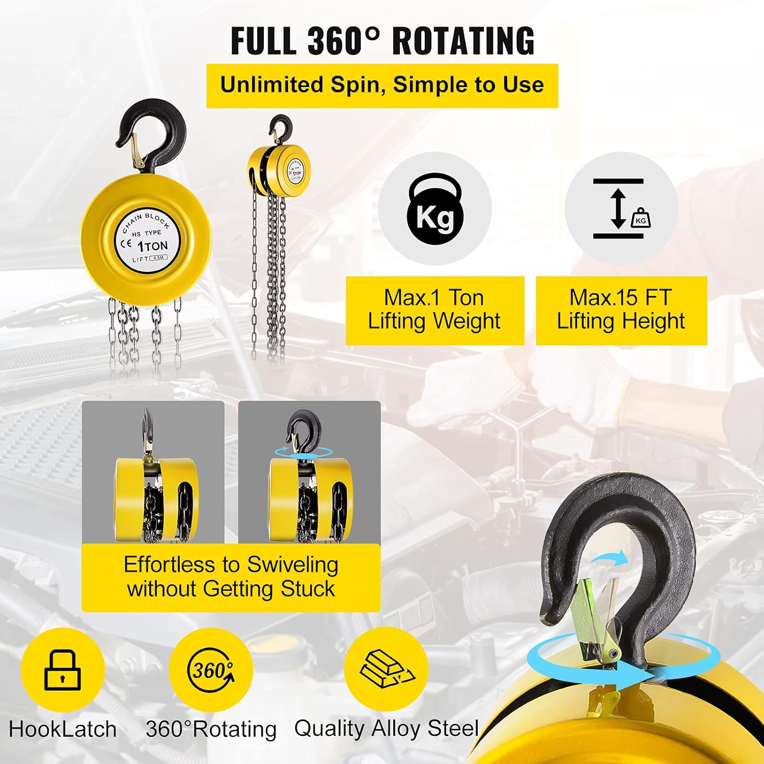 VEVOR Hand Chain Hoist, 2200 lbs /1 Ton Capacity Chain Block, 15ft/4.5m Lift Manual Hand Chain Block, Manual Hoist w/Industrial-Grade Steel Construction for Lifting Good in Transport & Workshop, Yell Pack of 2