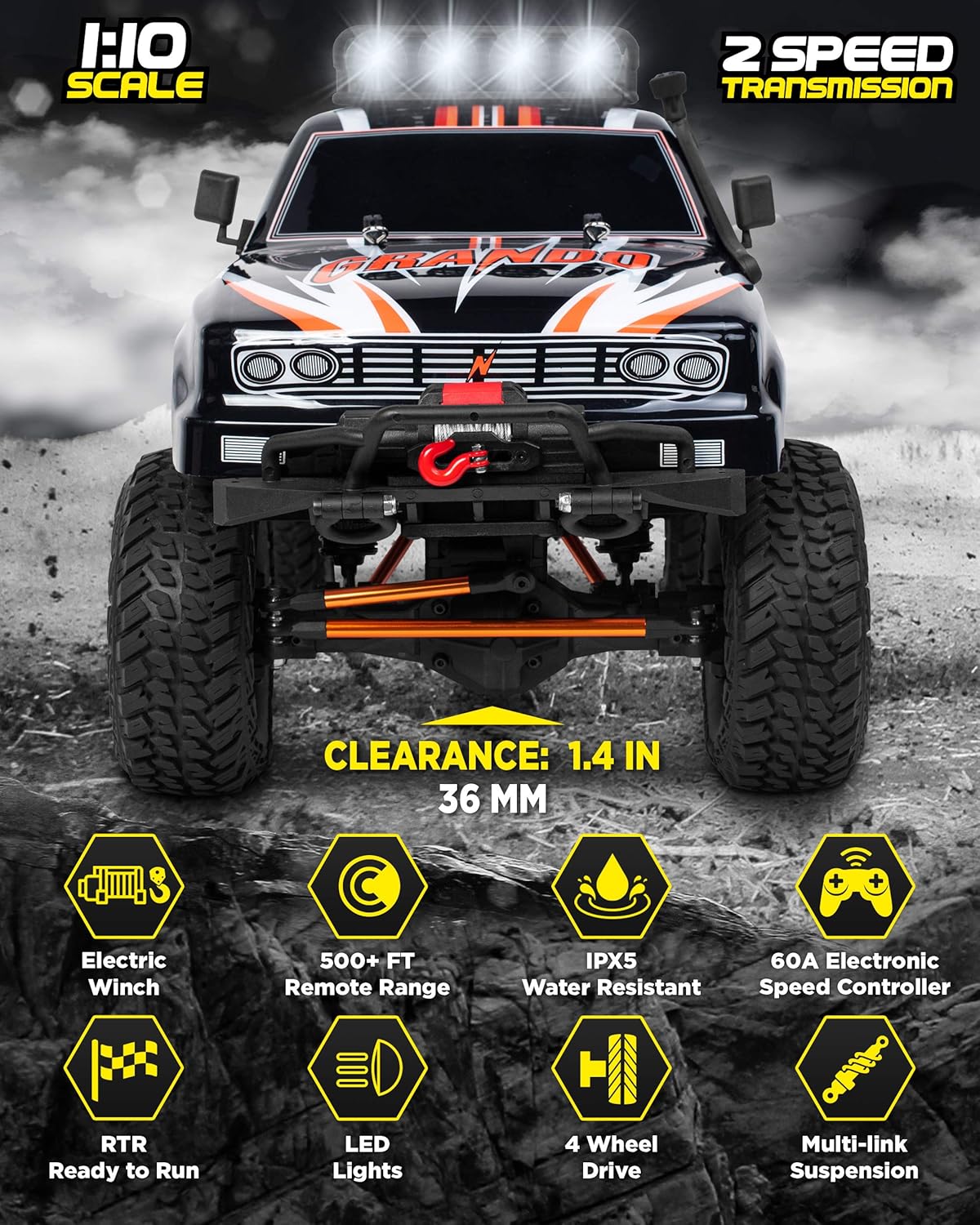 1:10 Scale Large Rock RC Crawler - 4WD Off Road RC Cars - Remote Control Car 4x4 Electric Truck 鈥?Hobby Grade IPX5 Waterproof Trucks for Adults - RTR with 5Ch Remote, Battery and Charger