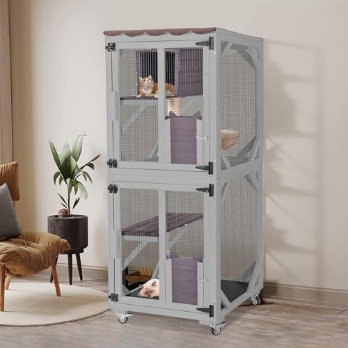 Catio Outdoor Cat Enclosure,Cat House with Wheels,Upgraded cat Scratching Post，Resting Box,Waterproof Roof for Patio Garden (Grey, 31.5" L x 31.5" W x 70.9" H)