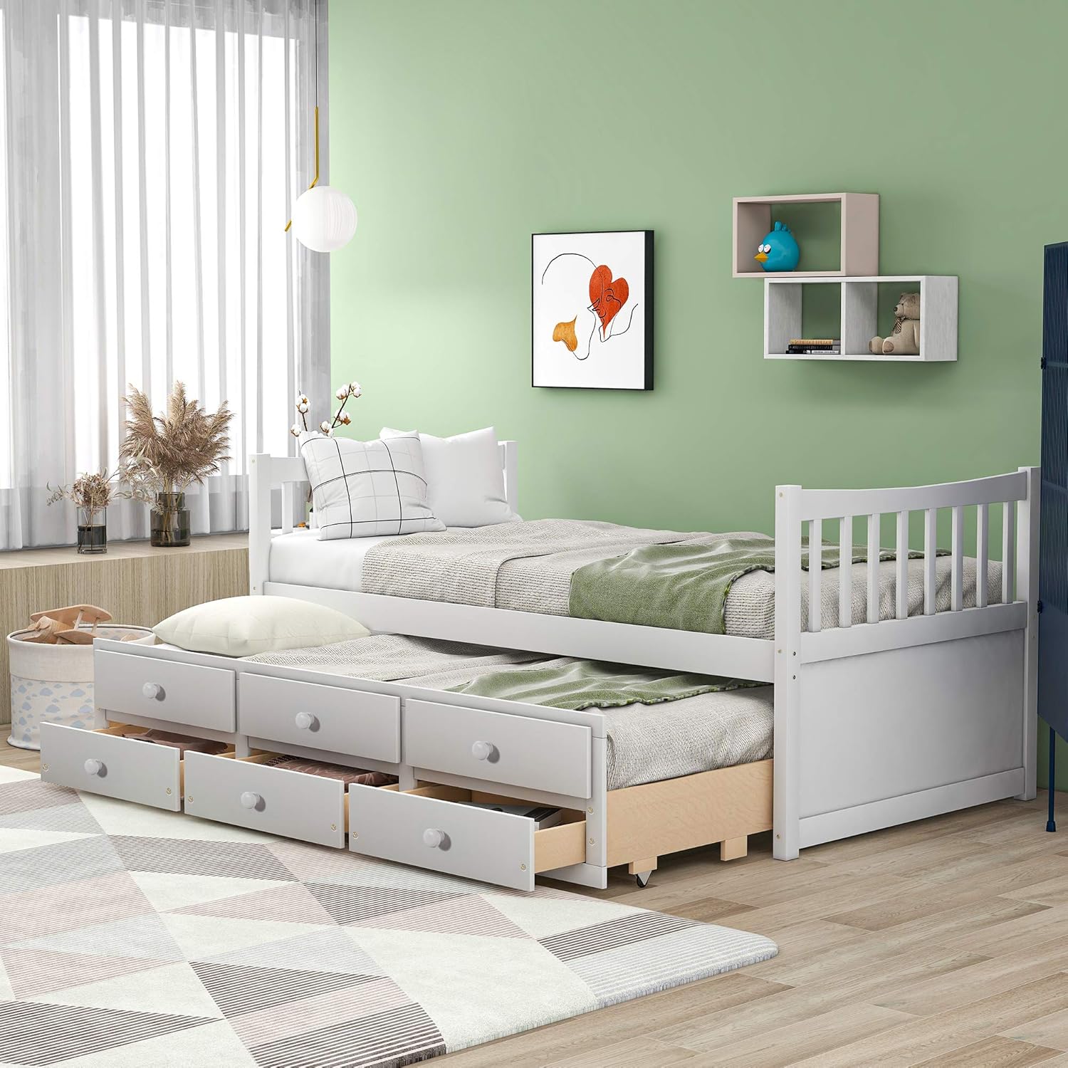 P PURLOVE Twin Size Daybed with Trundle and Storage Drawers Wood Captain Bed Storage Daybed, No Box Spring Needed,Gray