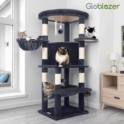 Globlazer Corner Cat Tree for Large Cats, 66inch Tall Curved Series Large Cat Tower for Multiple Indoor Cats with 6 Scratching Posts, 2 Spacious Cat Condos, Hammock, Hanging Basket, C66, Beige