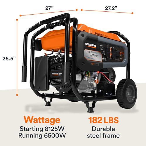 Generac 8,000-Watt Gas-Powered Portable Generator - Electric Start with COsense - PowerRush Advanced Technology - Reliable Power for Emergencies, Recreation, Home - 49 State Compliant - Orange/Black