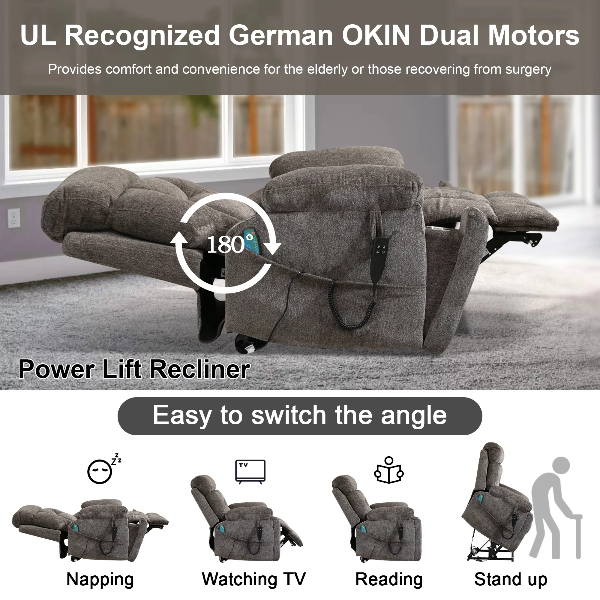 Oversized Power Lift Recliner Chair with Massage and Heat for Elderly, 180° Big Man Dual Motor Lift Recliner, Large Electric Recliner Chair with 2 Cup Holders,Side Pocket,Single Rocker Sofa 400lbs
